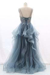 Elegant Straps Duaty Blue Tiered Prom Dress with Appliques
